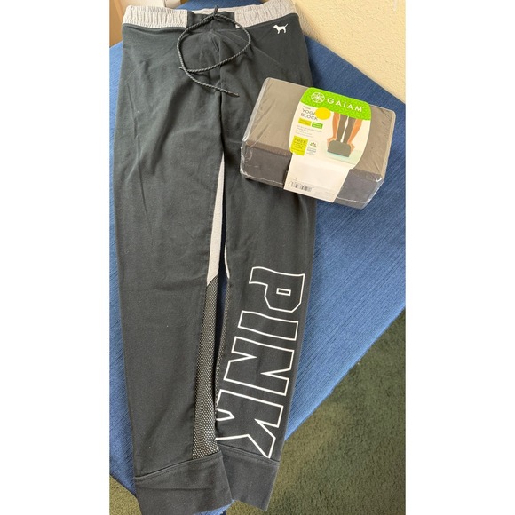 Victoria's Secret PINK Pants - PINK Joggers M Black Gray Mesh Yoga Pants & Gaiam Yoga Block Bundle Athleisure